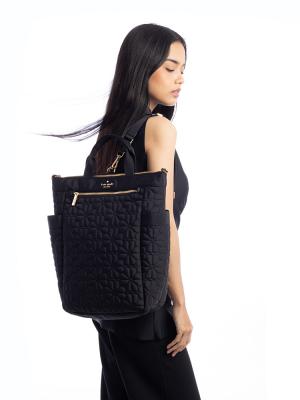 Flower Quilted Fabric Medium Convertible Backpack Black