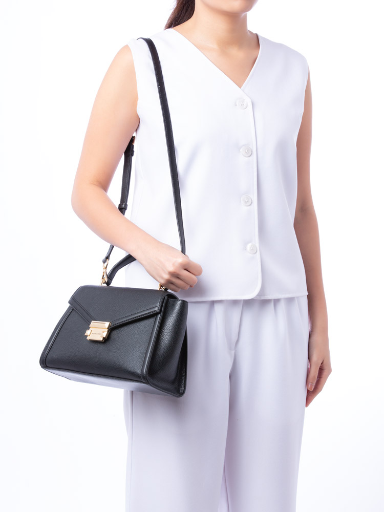 Whitney Leather Medium Top Handle Satchel Black Gold