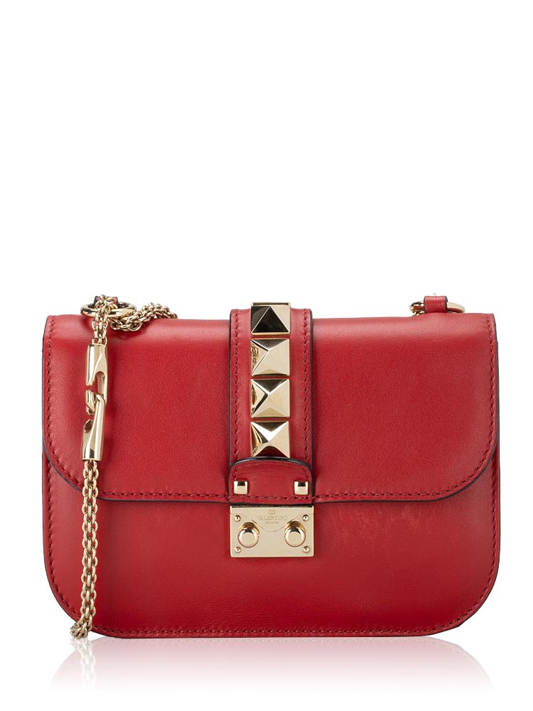 Vitello Rockstud Glam Lock Small Flap Bag Red