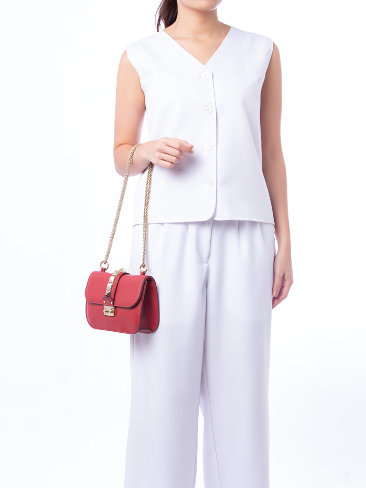 Vitello Rockstud Glam Lock Small Flap Bag Red