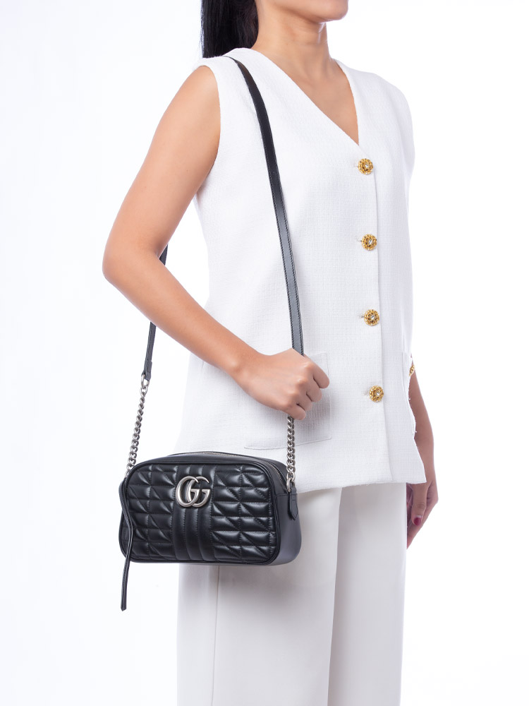 Calfskin Matelasse GG Marmont Aria Small Camera Bag Black