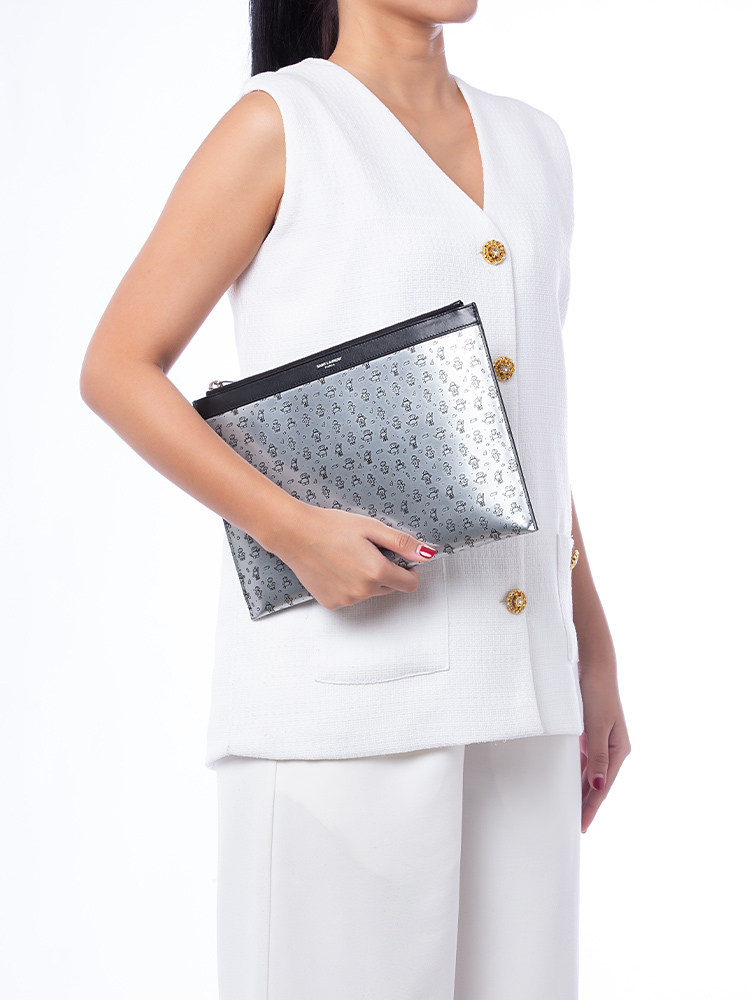Metallic Calfskin Superglass Robot Flat Pouch Silver Black