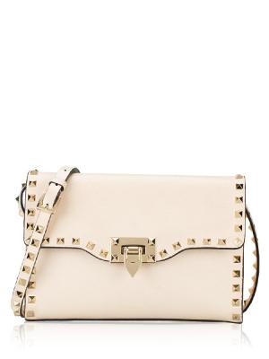 Grained Calfskin Rockstud Flip Lock Medium Crossbody Ivory