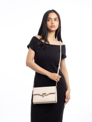 Grained Calfskin Rockstud Flip Lock Medium Crossbody Ivory