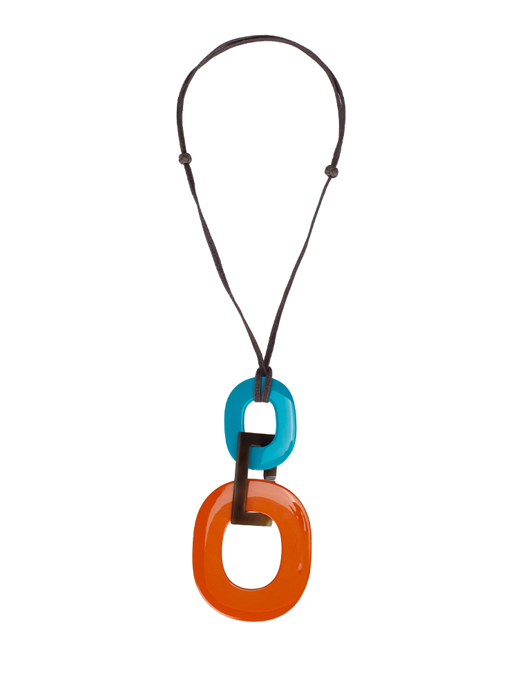 Lacquered Wood Buffalo Horn Kara Necklace Orange Turquoise Blue