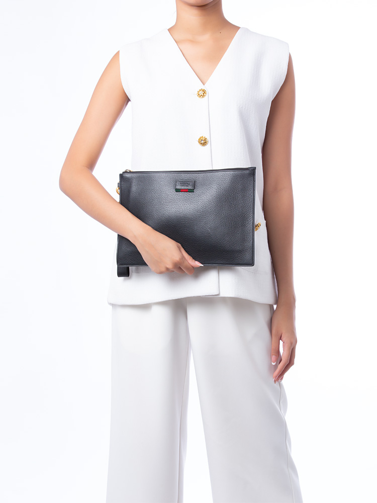 Calfskin Agora Web Flat Zip Pouch Black