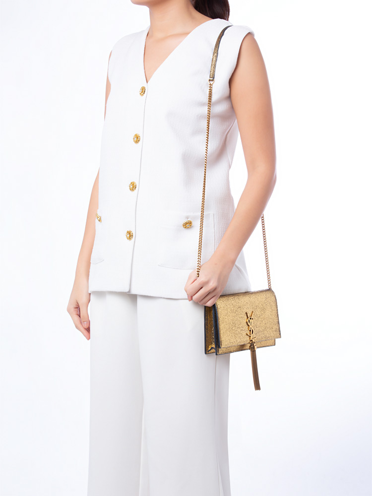 Metallic Calfskin Kate Monogram Tassel Chain Wallet Gold