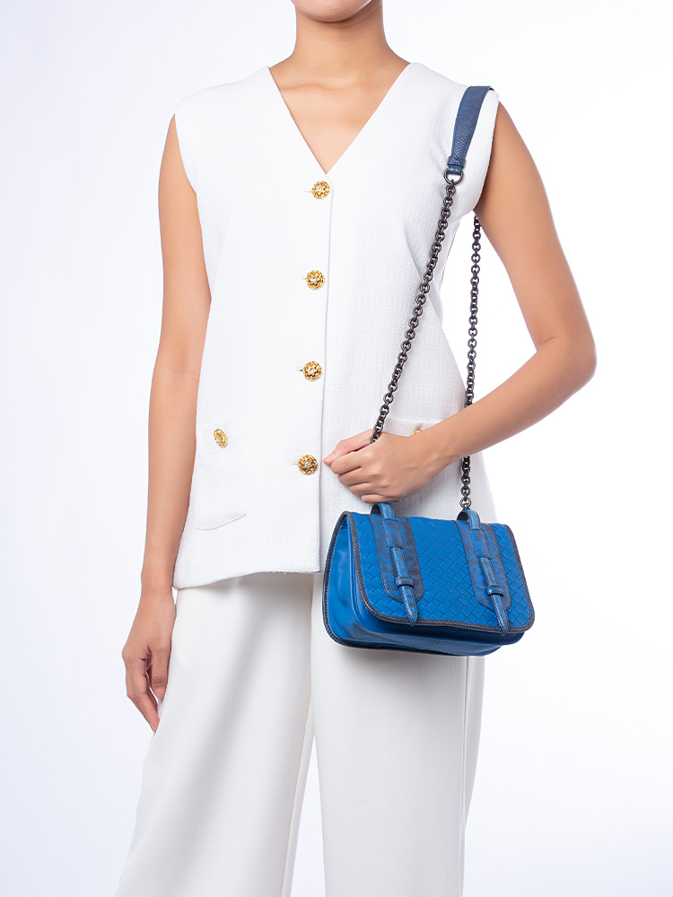 Nappa Intrecciato Snakeskin Chain Crossbody Blue