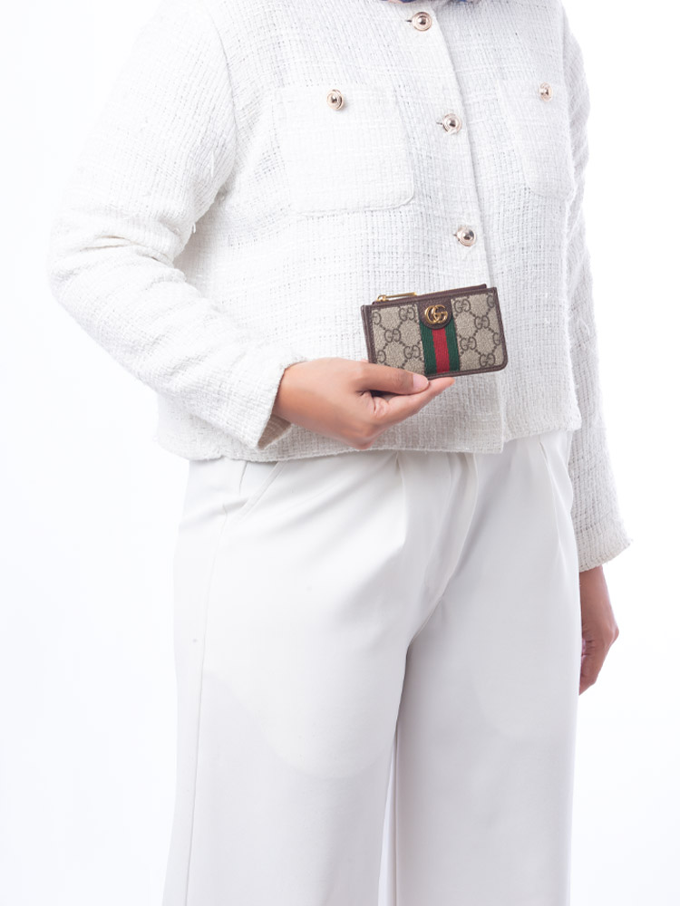 GG Supreme Web Ophidia Zip Card Case Beige Brown Sugar