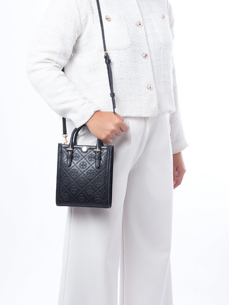 T Monogram Leather Mini NS Tote Black