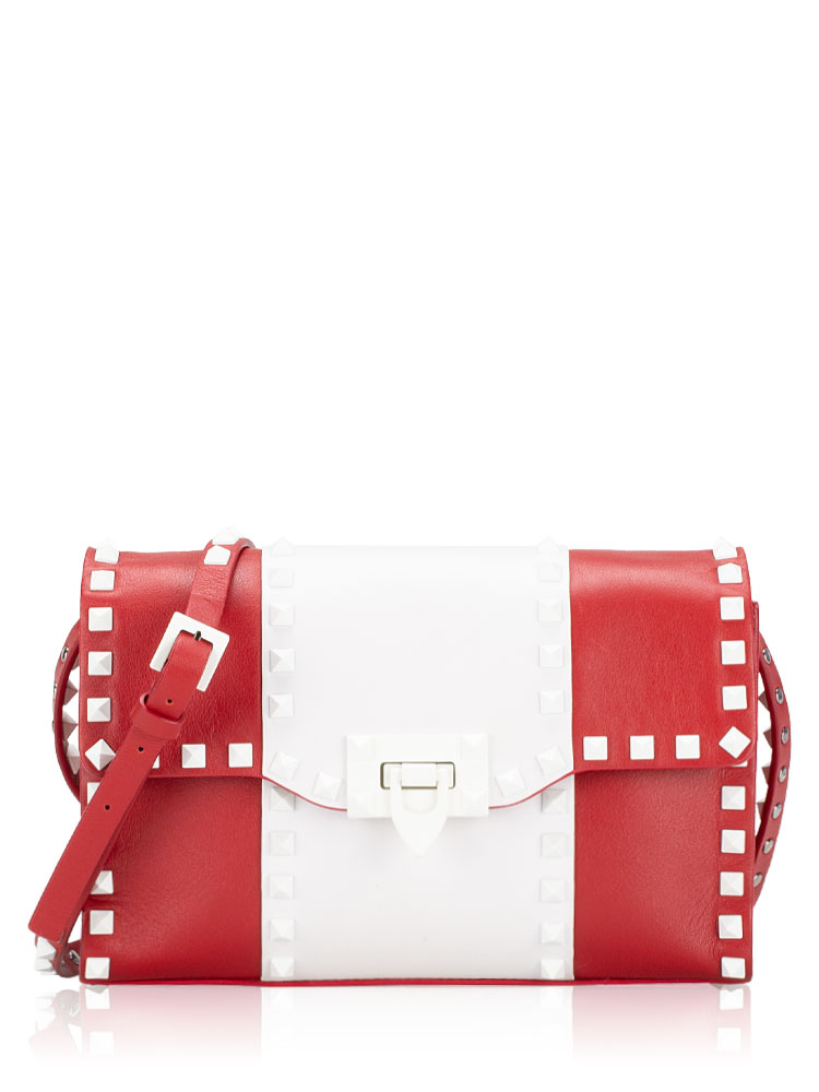 Vitello Colorblock Rockstud Flip Lock Medium Shoulder Bag Rosso Optic White