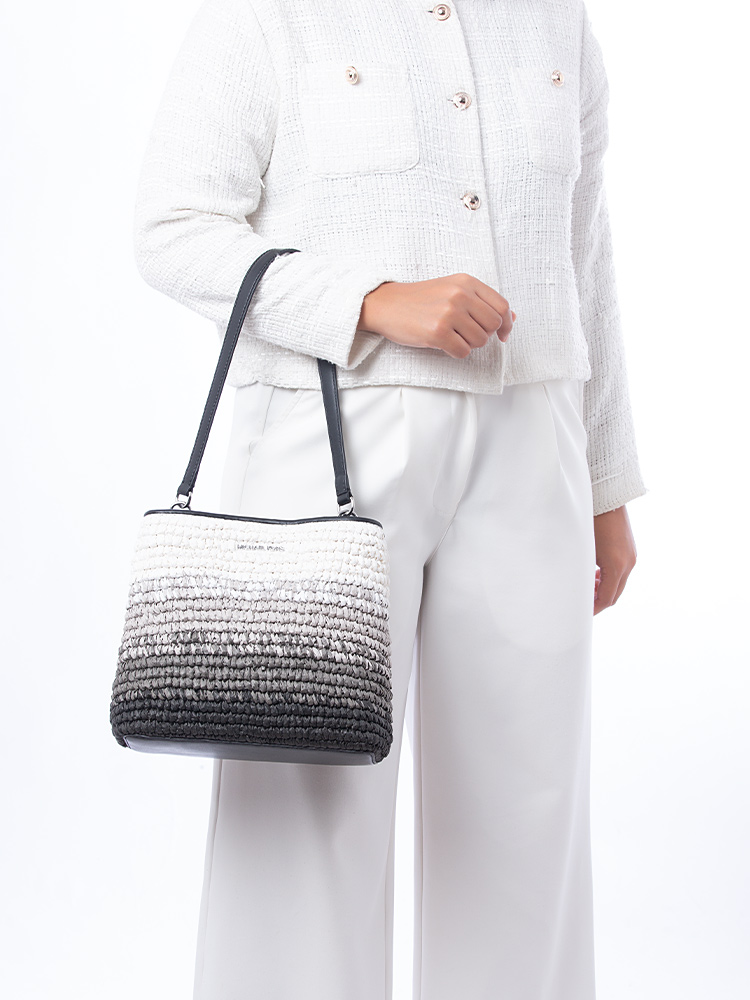 Pratt Ombré Straw Medium Bucket Bag Black