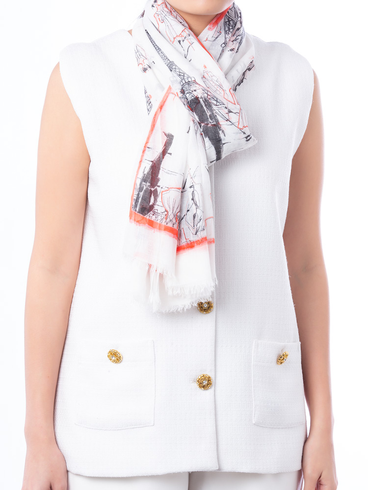 Oversized Eiffel Sketch Scarf White