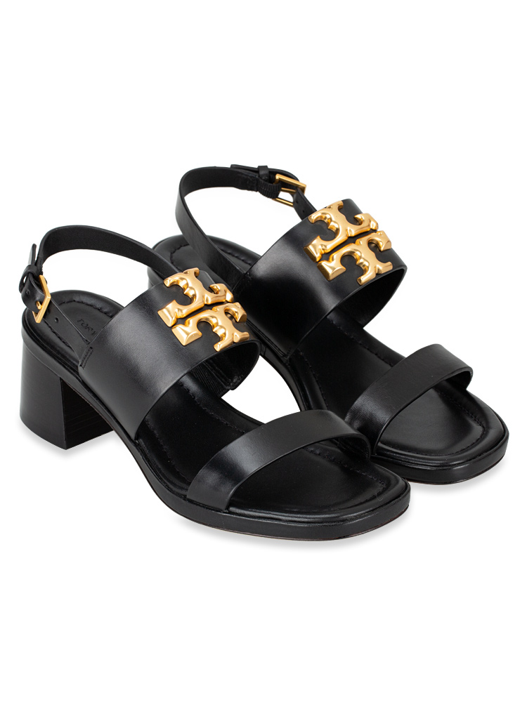 Eleanor Leather Heel Sandal Perfect Black Gold Sz 6