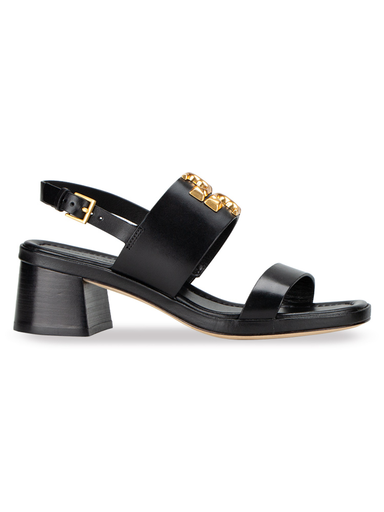 Eleanor Leather Heel Sandal Perfect Black Gold Sz 6