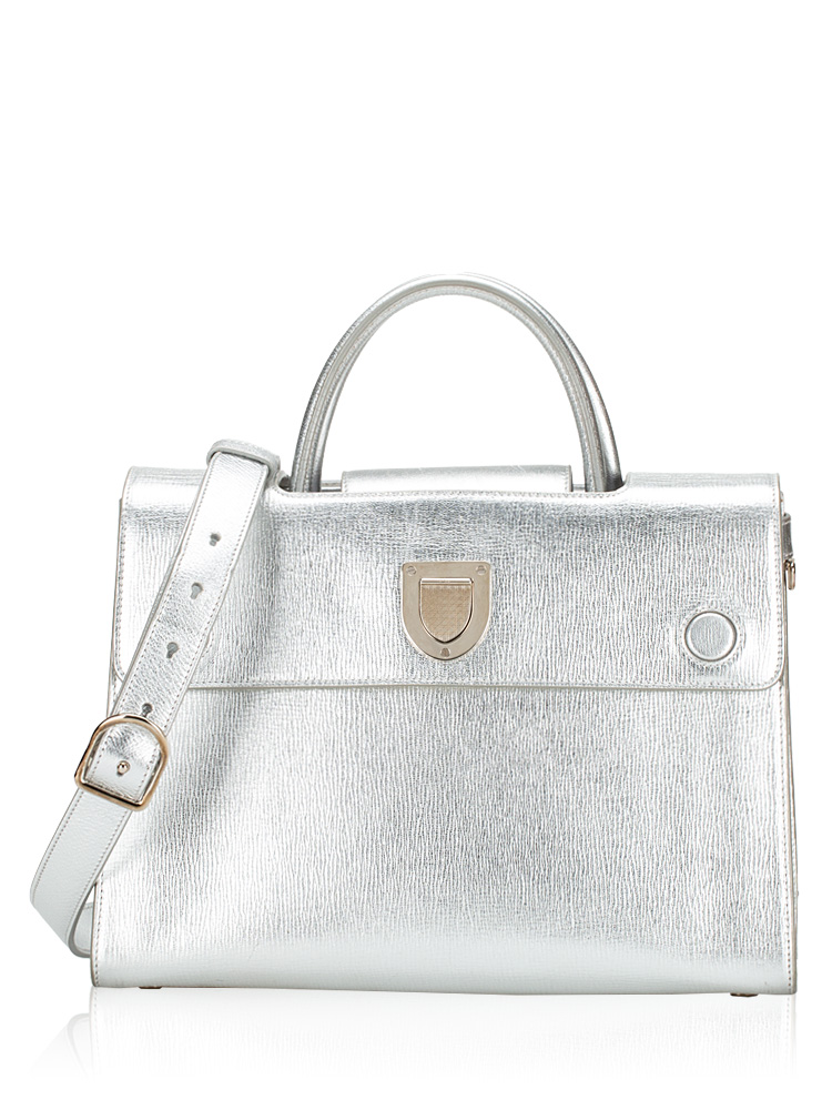 Metallic Grained Calfskin Medium Diorever Flap Silver