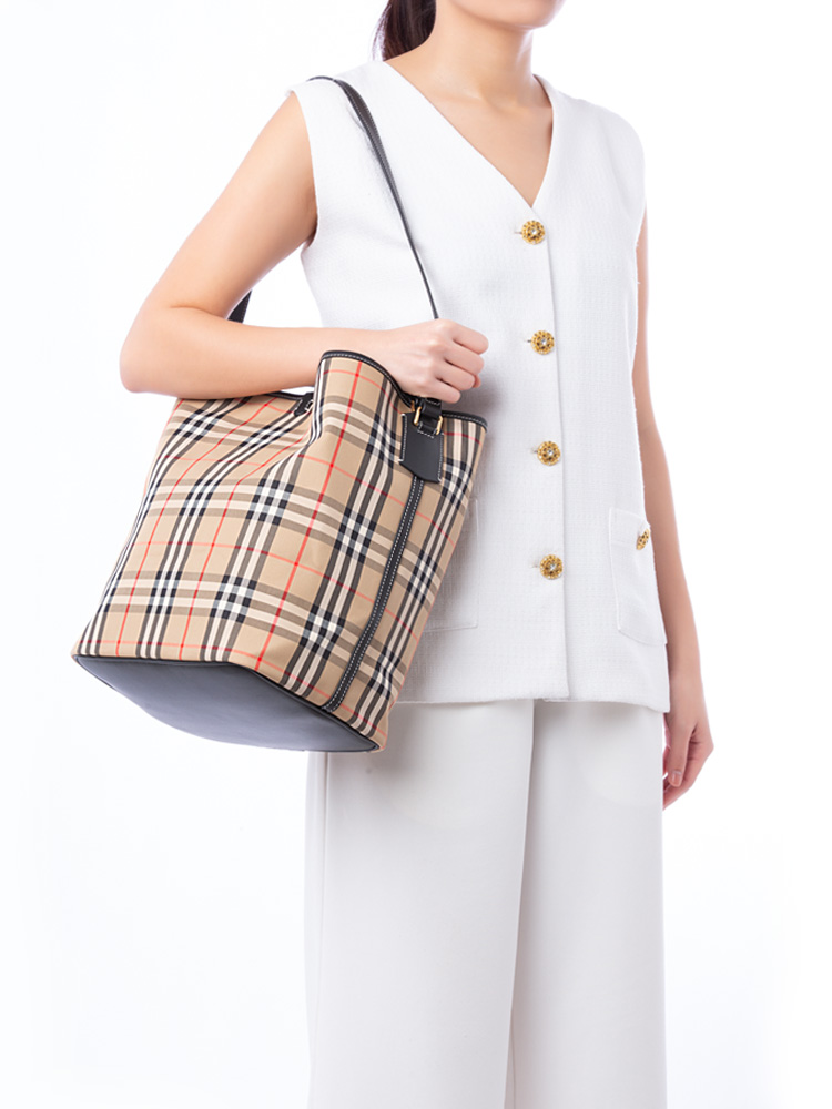 Ashby Check Medium Bucket Bag Archive Beige
