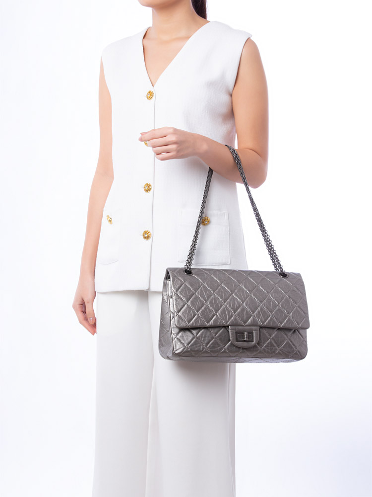 Metallic Aged Calfskin 2.55 Reissue 227 Double Flap Bag Pewter