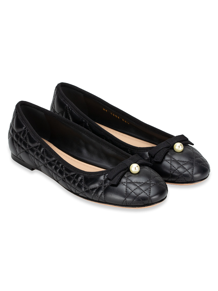 Calfskin Cannage Pearl Bow Ballet Flats Black Sz 38.5