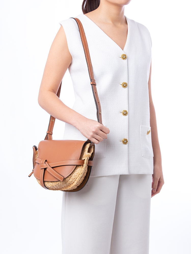 Calfskin Raffia Gate Small Crossbody Natural Tan