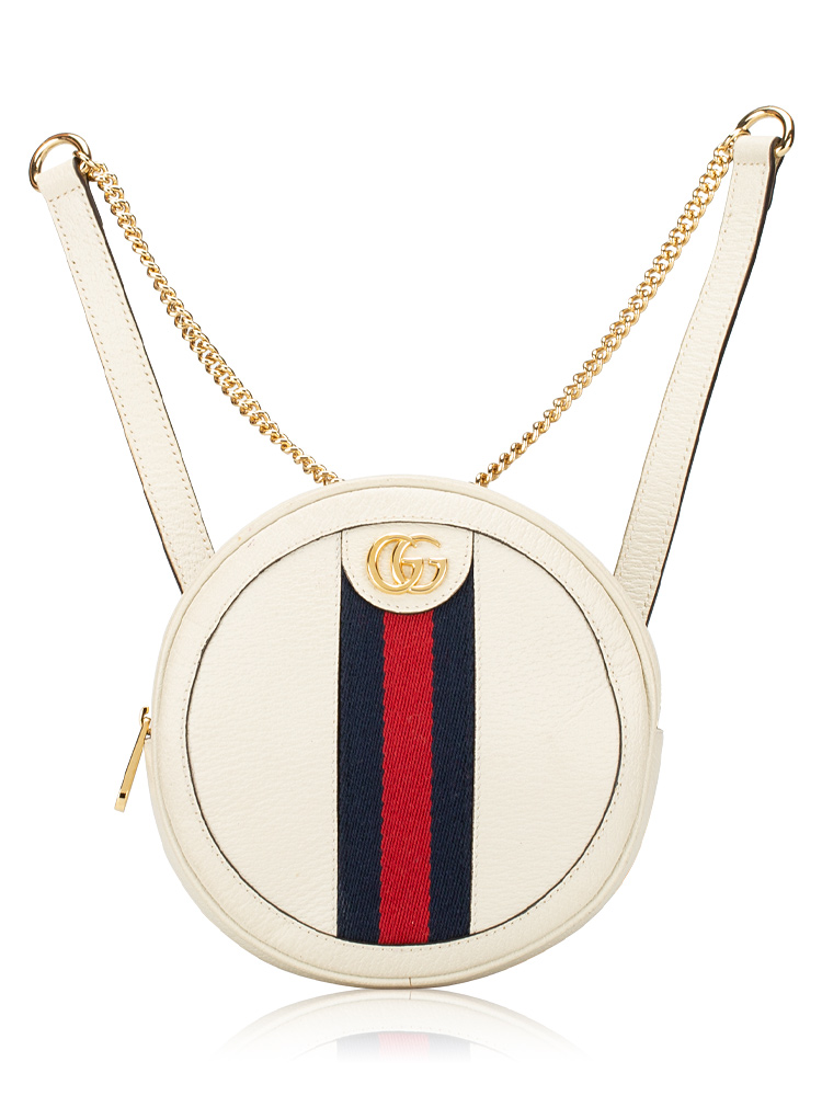 Textured Calfskin Web Ophidia Round Mini Backpack Mystic White