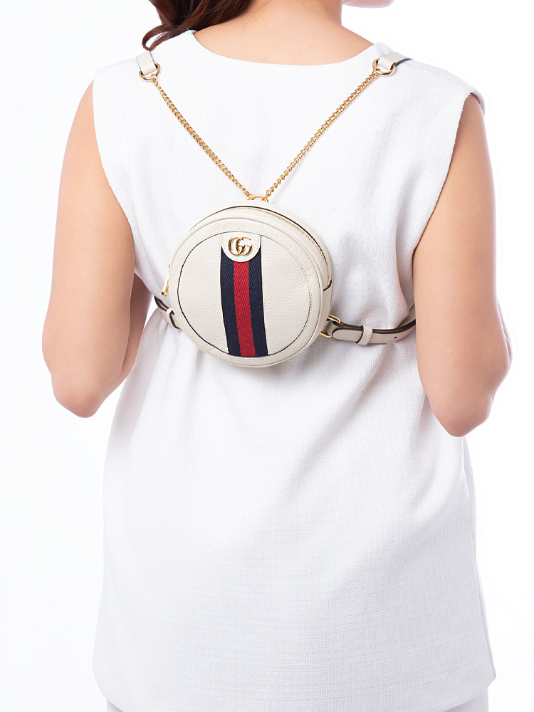 Textured Calfskin Web Ophidia Round Mini Backpack Mystic White