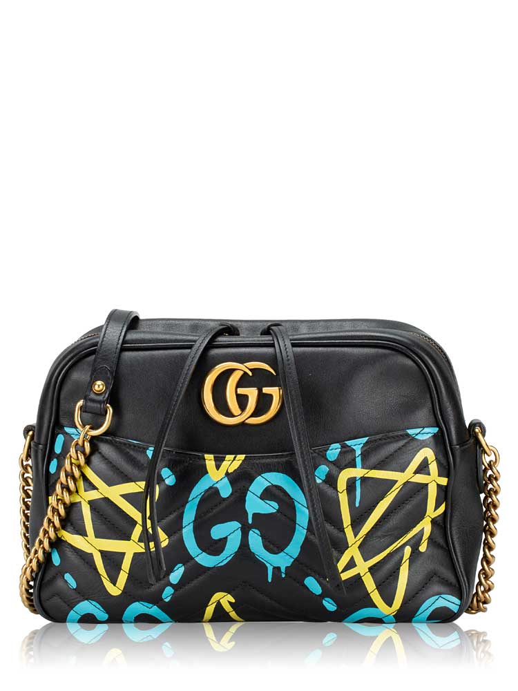GG Marmont Matelasse GucciGhost Medium Camera Bag Black New Acquamarine