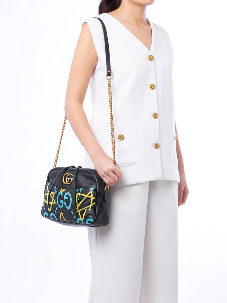 GG Marmont Matelasse GucciGhost Medium Camera Bag Black New Acquamarine