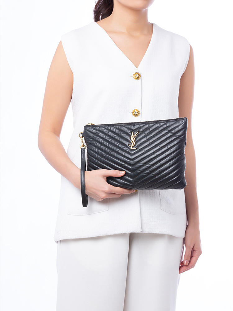 Calfskin Matelasse Monogram Wrist Pouch Black