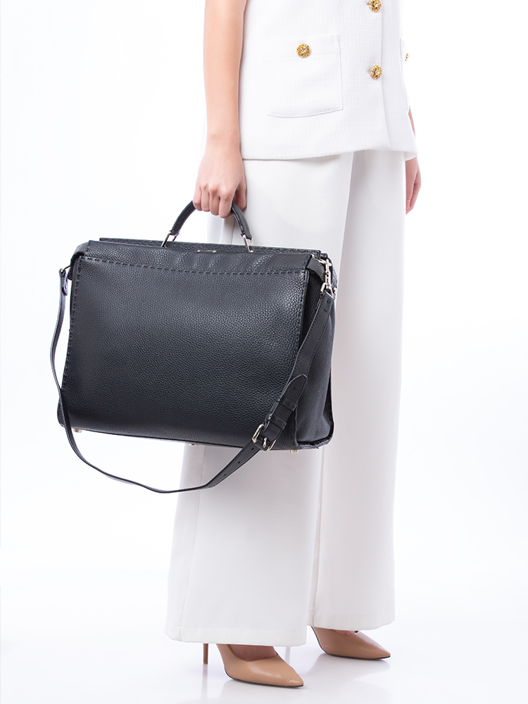 Grained Calfskin Selleria Peekaboo Medium Tote Black