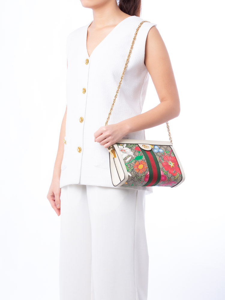 GG Supreme Ophidia Flora Web Small Chain Shoulder Bag White