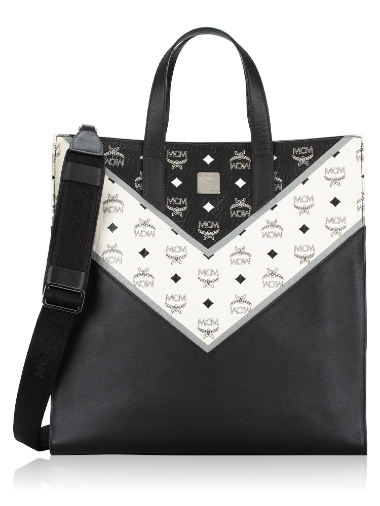 Calfskin Visetos Chevron Colorblock Tote Black White