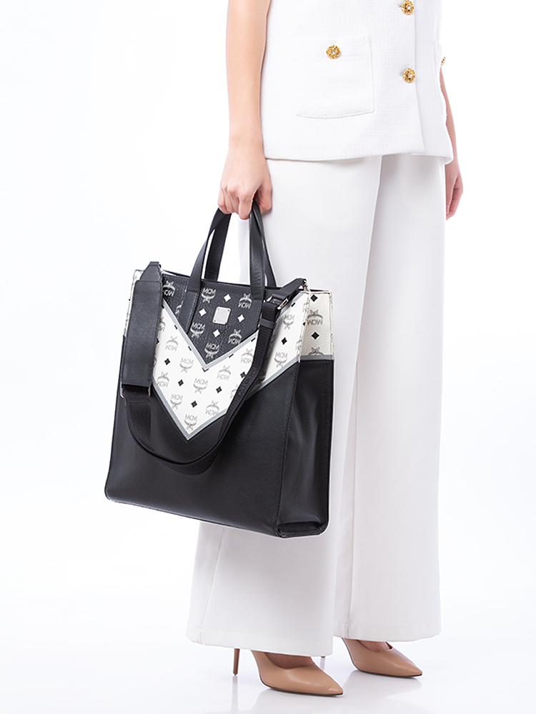 Calfskin Visetos Chevron Colorblock Tote Black White