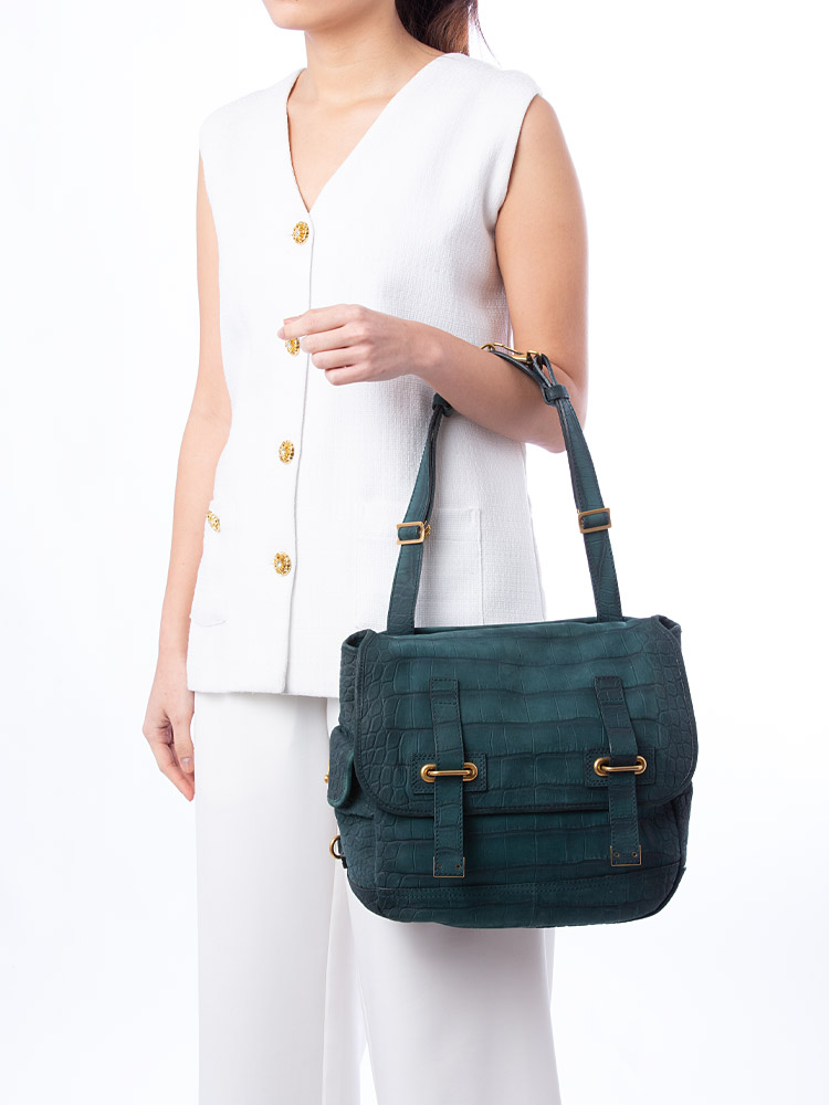 Croco Embossed Nubuck Besace Green