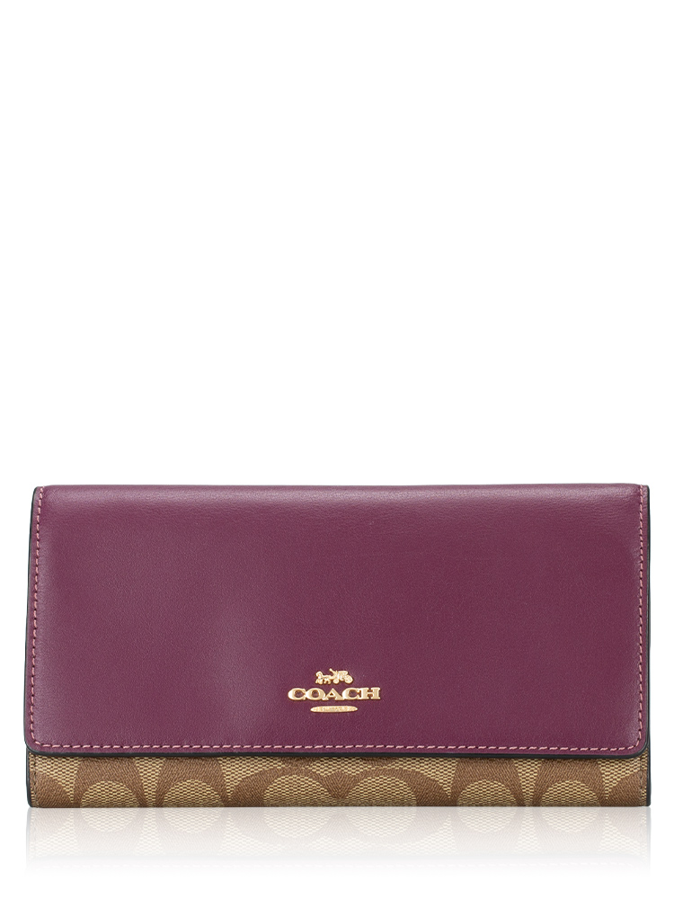 C5966 Signature Slim Trifold Wallet Khaki Deep Berry