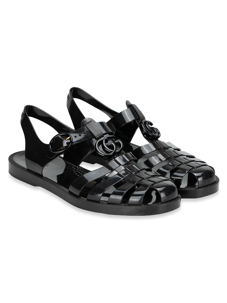 Rubber Double G Buckle Strap Sandals Black Sz 10