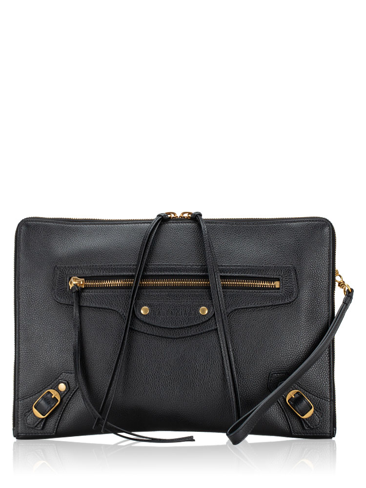 Grained Calfskin Classic Gold Flat Clutch Black