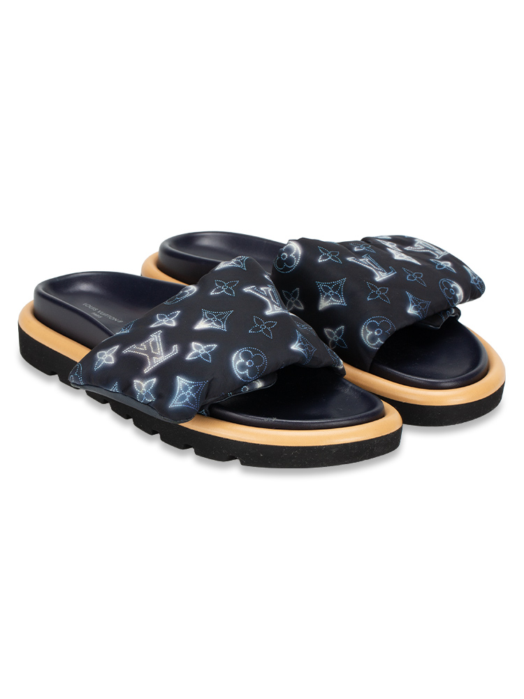 Nylon Monogram Pool Pillow Comfort Mules Navy Blue Sz 38