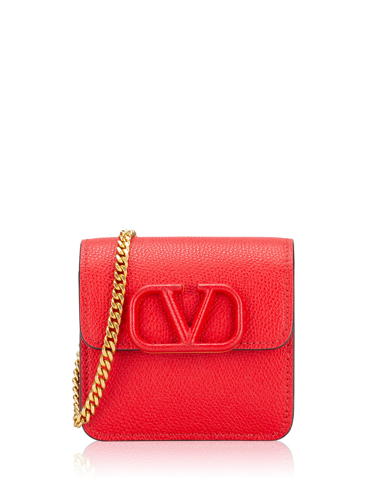 Grainy Calfskin VLogo Compact Chain Wallet Rouge