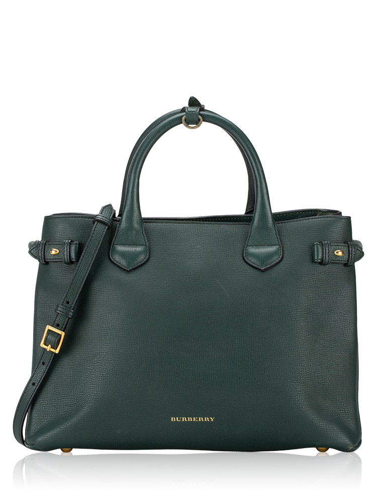 Grainy Calfskin House Check Banner Medium Tote Bottle Green