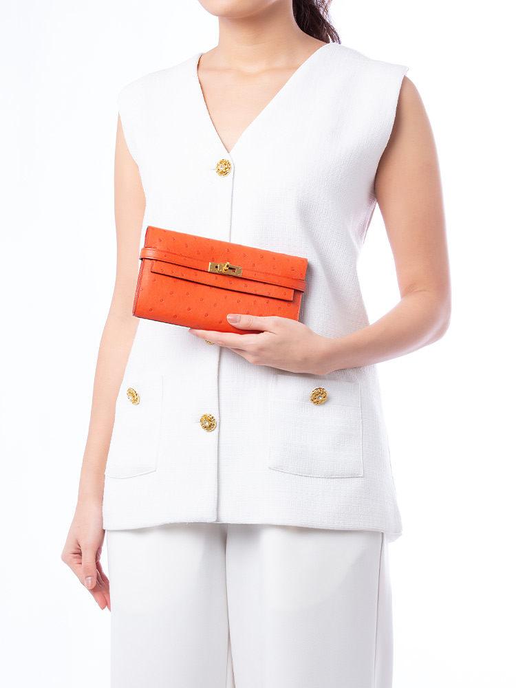 Ostrich Kelly Longue Wallet Orange