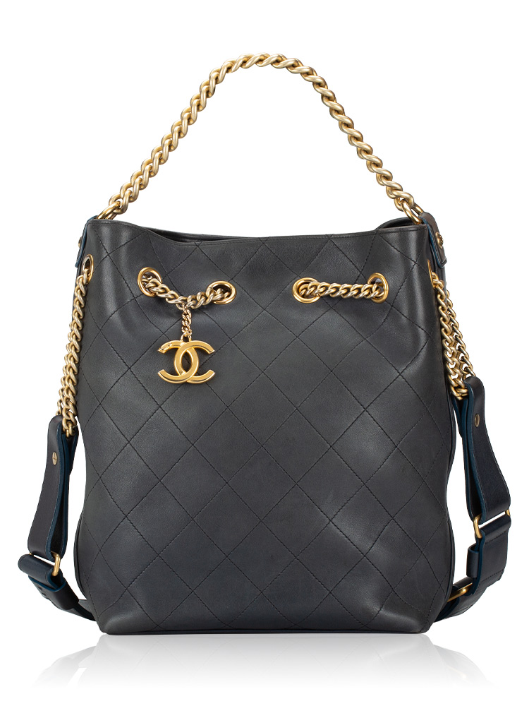 Calfskin Small On My Shoulder Drawstring Bag Navy