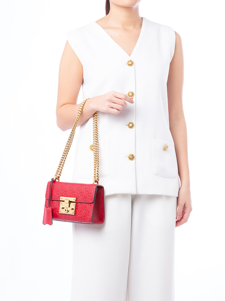 Guccissima Padlock Small Shoulder Bag Hibiscus Red