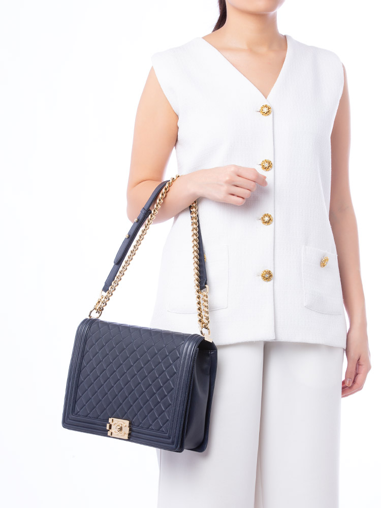Lambskin Large Boy Flap Bag Dark Blue