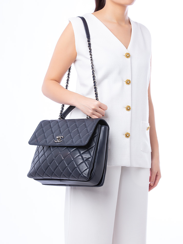 Lambskin Large Trendy CC Flap Dual Handle Bag Dark Blue