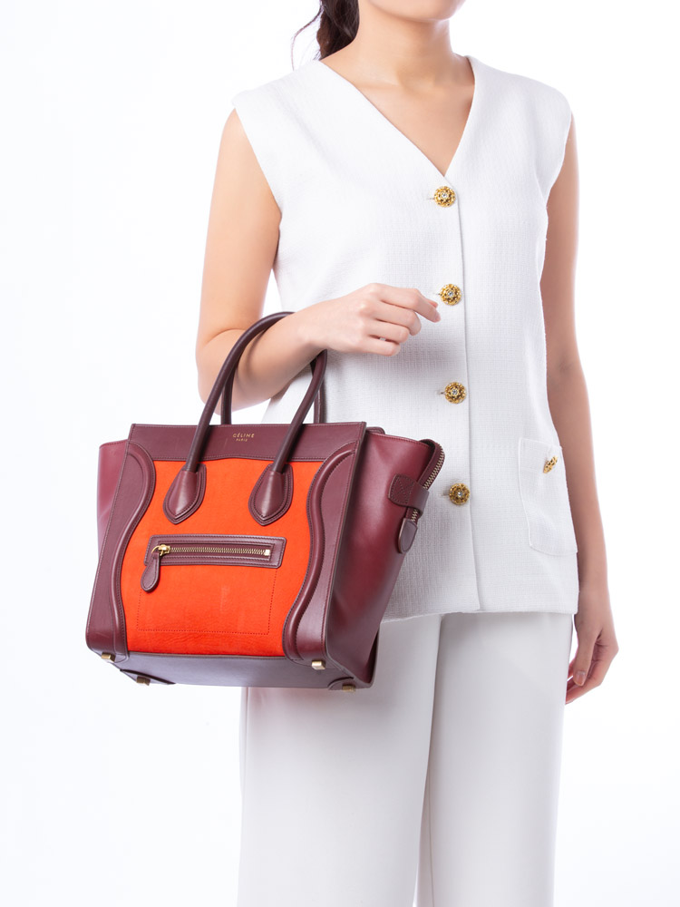Grained Calfskin Nubuck Micro Tri-Color Luggage Vermillion
