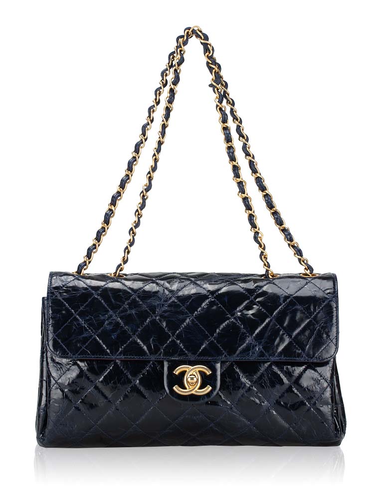 Crackled Glazed Calfskin Coco Mark Chain Shoulder Bag Navy