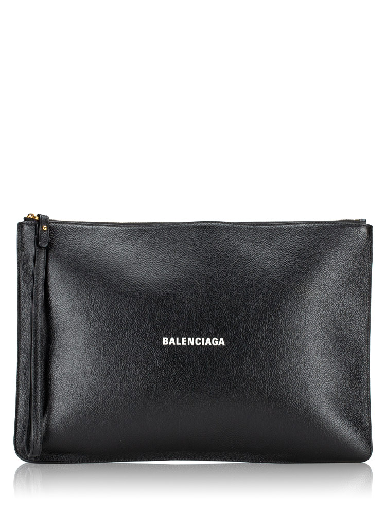 Grained Calfskin Logo Large Wristlet Black White