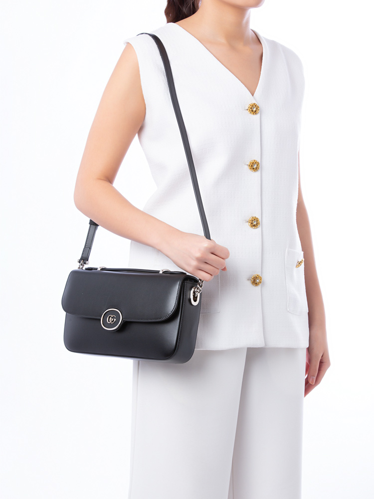 Senna Calfskin Petite GG Top Handle Shoulder Bag Black