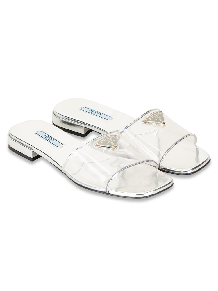 Plexiglass Metallic Triangle Logo Slide Sandals Argento Sz 38